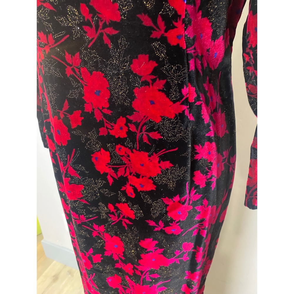 Vintage 60s 70s Black Fuschia Floral Velvet Sparkles Cheongsam Maxi Dress M/L - Picture 3 of 8